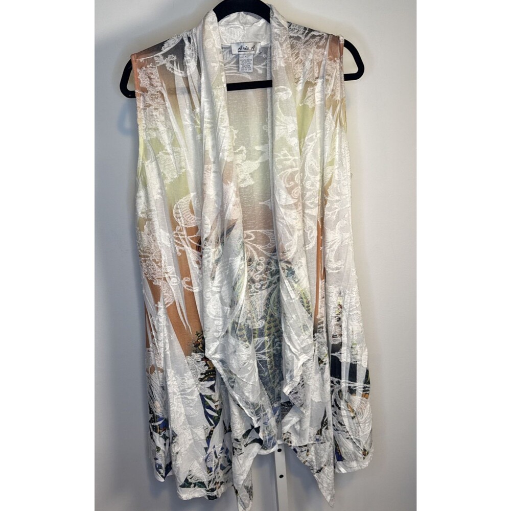 Anis A Flowy Vest Cardigan Womens XL  White Semi Sheer Floral Boho Kimono Asymme